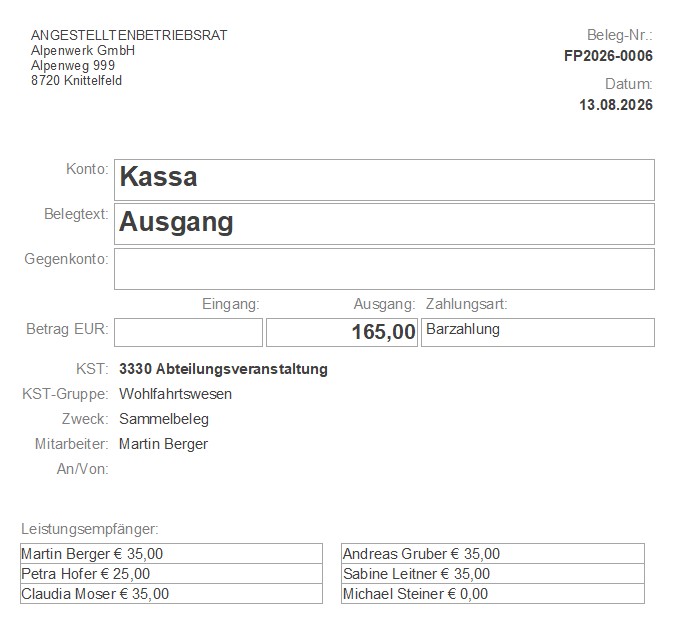 Gemeinsamer Kassenbeleg eines Sammelbelegs